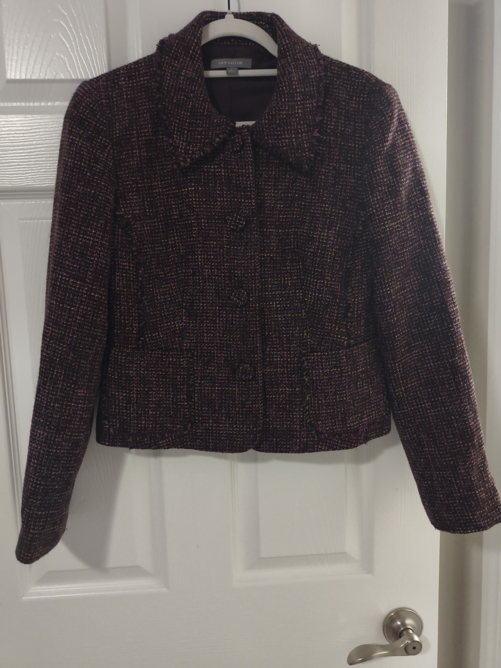Petite Tweed Button-Front Jacket in Plum